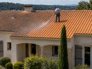 Nettoyage de Toiture à Marseille Nettoyage de toiture à Marseille en cours sur tuiles
